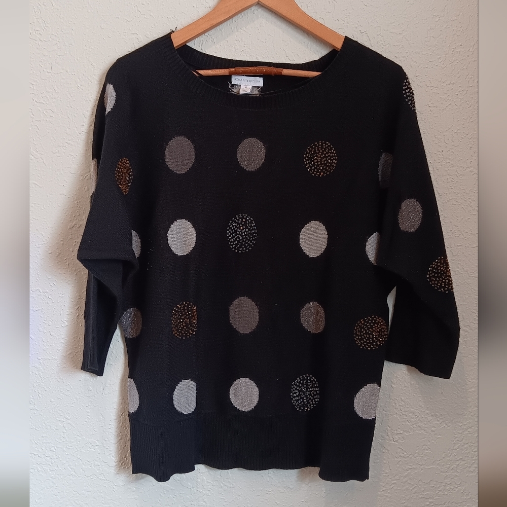 Charter Club Black Polka Dot Sweater with Metallic Accents